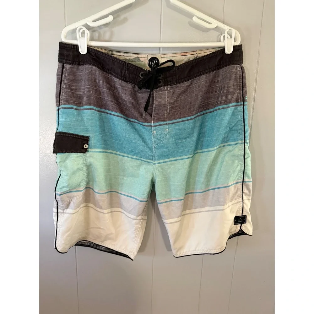Rip Curl Board Shorts Mens 36‎ Blue Striped Surf Craft Lace Up Swim Trunks